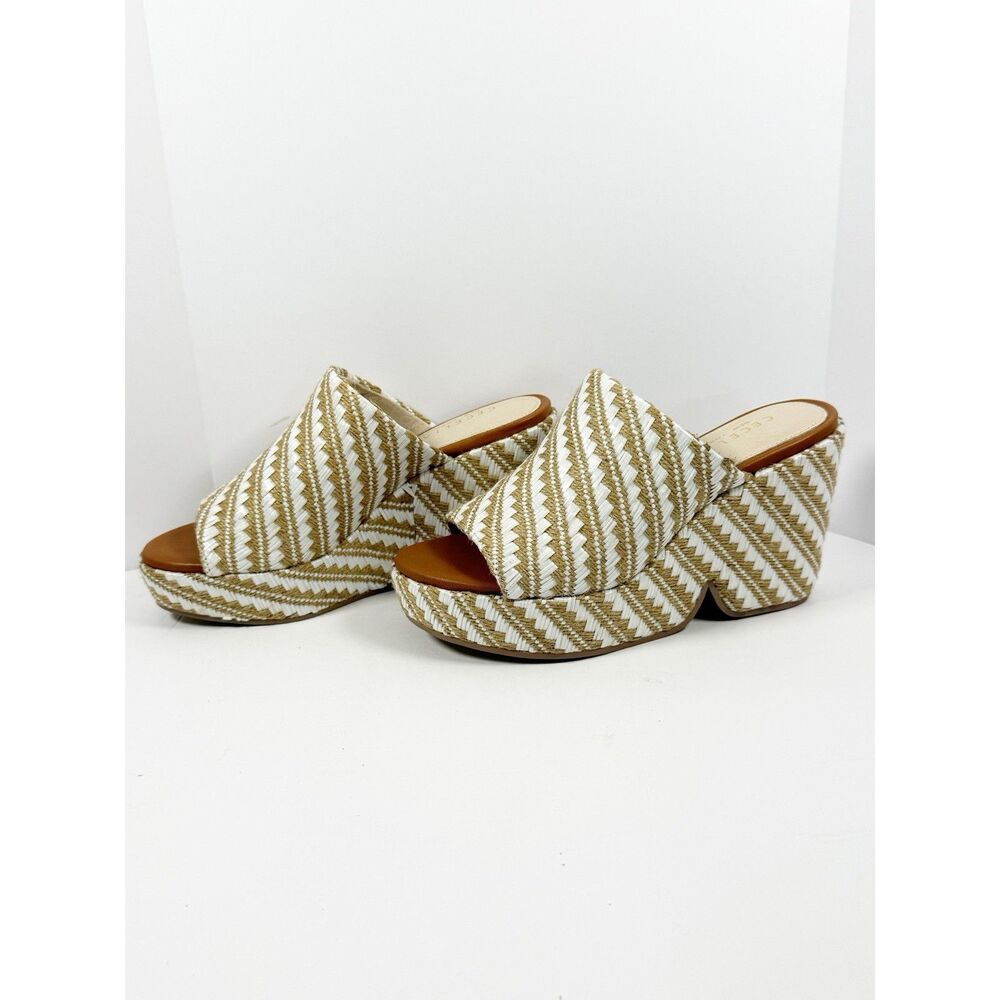 Cecelia New York Frost Platform Wedge Sandal Chunky Raffia Woven Neutral NEW 6